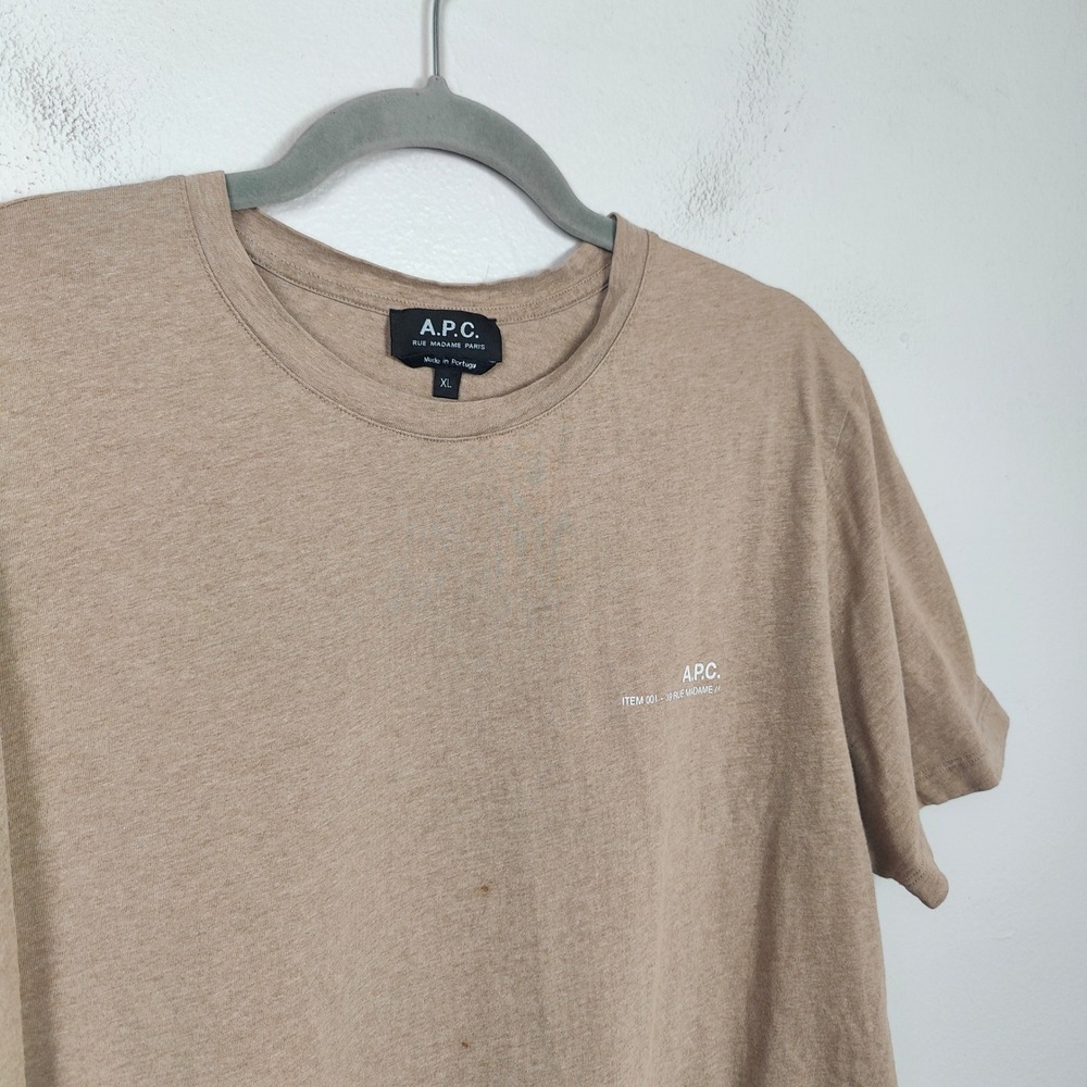 APC Logo T-shirt Mens XL Tan Heather Cotton Crewneck Boxy Top‎ Tee Designer - Picture 3 of 11